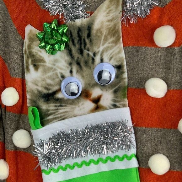 Ugly Christmas Sweater Men's size L or M Cat Lover Green Stocking Googly Eyes - Picture 2 of 7